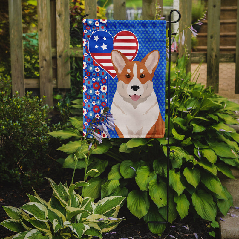 Red Cardigan Corgi Patriotic Heart Garden Flag – Red, White & Blue Dog Decor with Star Background