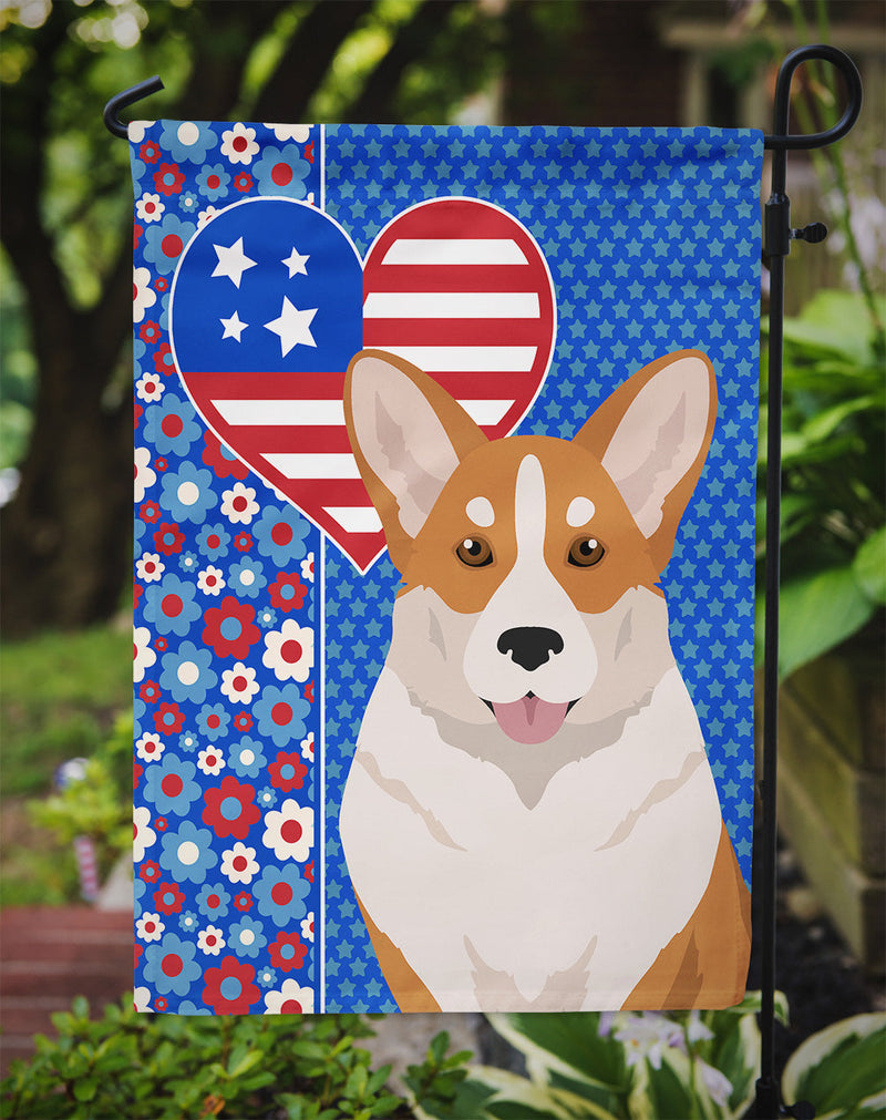 Red Cardigan Corgi Patriotic Heart Garden Flag – Red, White & Blue Dog Decor with Star Background
