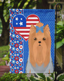 Blue and Tan Full Coat Yorkshire Terrier Patriotic Heart Garden Flag – Red, White & Blue Dog Decor with Star Background