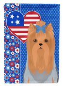 Blue and Tan Full Coat Yorkshire Terrier Patriotic Heart Garden Flag – Red, White & Blue Dog Decor with Star Background