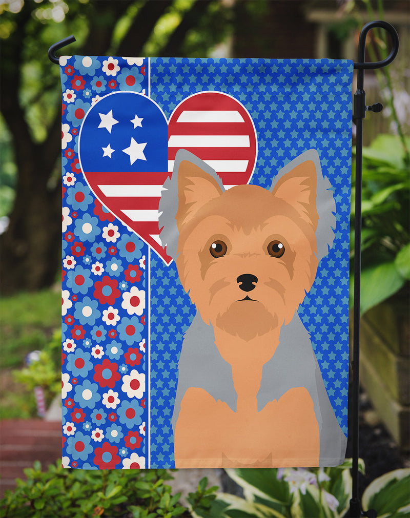 Blue and Tan Puppy Cut Yorkshire Terrier Patriotic Heart Garden Flag – Red, White & Blue Dog Decor with Star Background