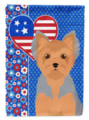 Blue and Tan Puppy Cut Yorkshire Terrier Patriotic Heart Garden Flag – Red, White & Blue Dog Decor with Star Background