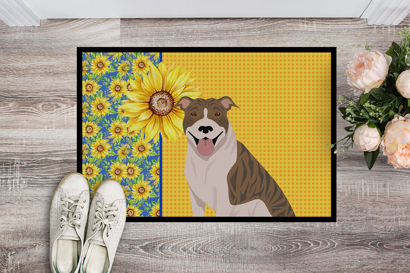 Summer Sunflowers Fawn Brindle Pit Bull Terrier Doormat - 24x36 Decorative Floor Mat – Indoor/Outdoor Rug with Artistic Flair