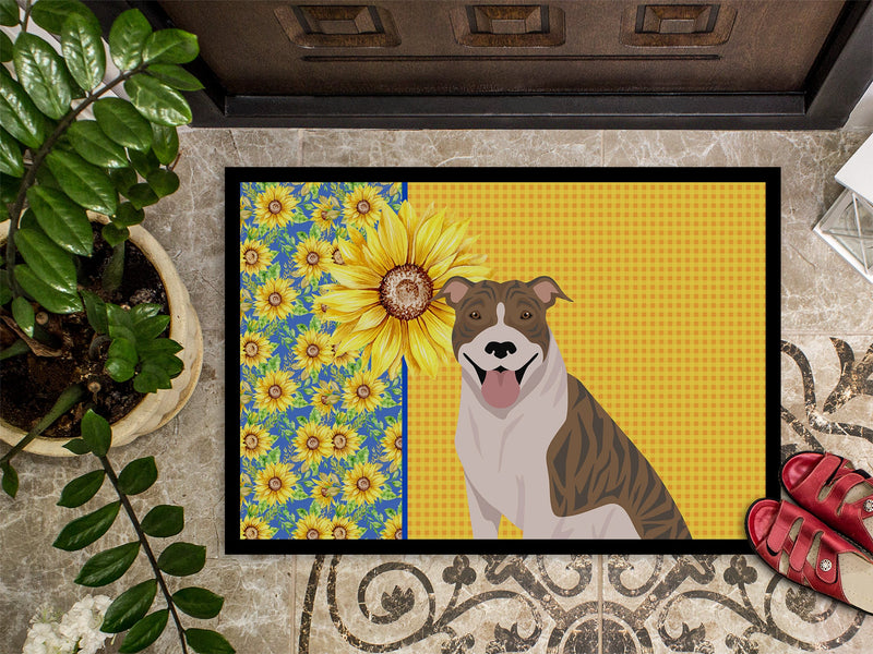 Summer Sunflowers Fawn Brindle Pit Bull Terrier Doormat - 24x36 Decorative Floor Mat – Indoor/Outdoor Rug with Artistic Flair
