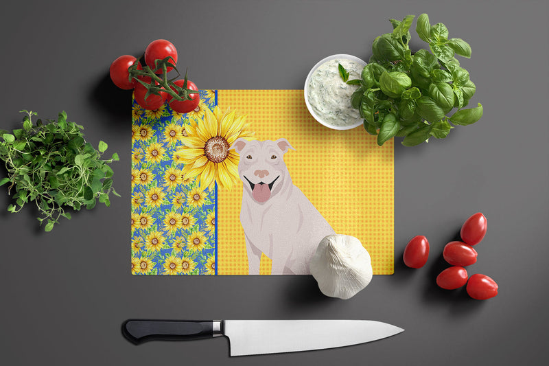 Summer Sunflowers White Pit Bull Terrier Glass Cutting Board Large