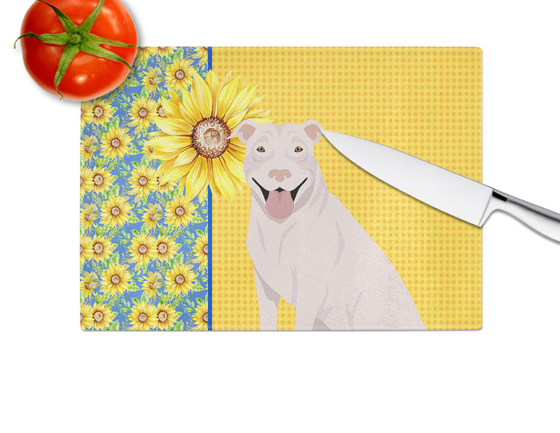 Summer Sunflowers White Pit Bull Terrier Glass Cutting Board Large