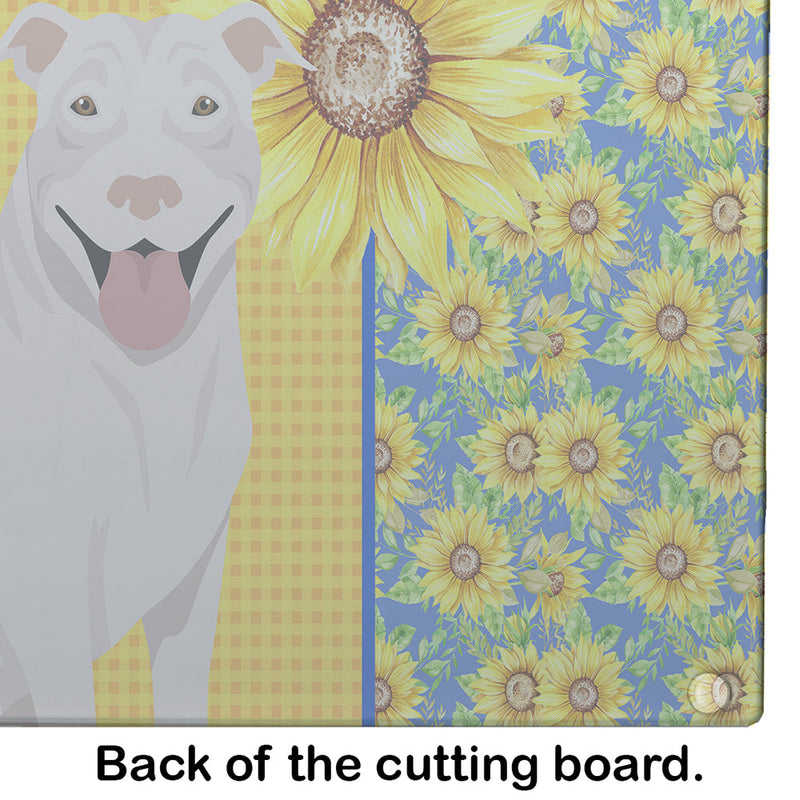 Summer Sunflowers White Pit Bull Terrier Glass Cutting Board Large