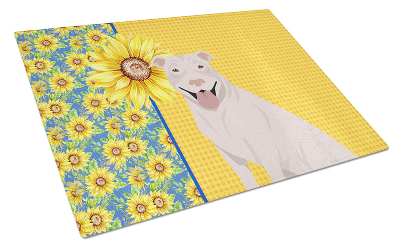 Summer Sunflowers White Pit Bull Terrier Glass Cutting Board Large