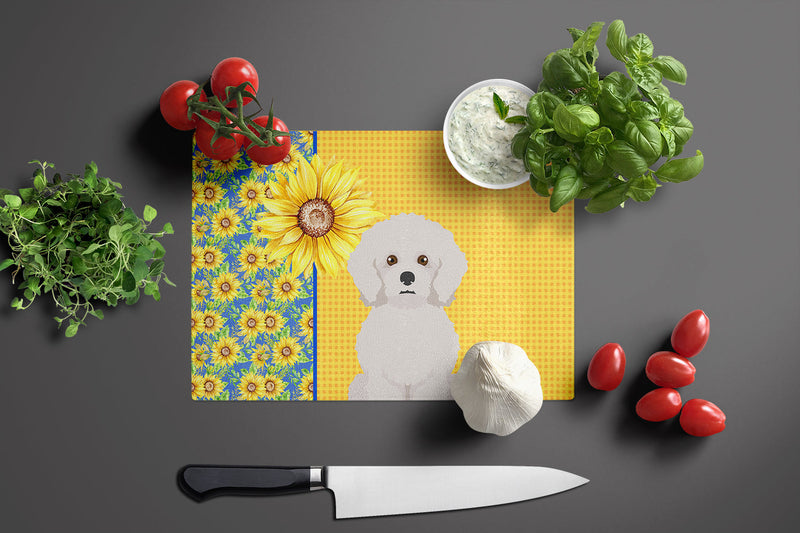 Summer Sunflowers Bichon Frise Glass Cutting Boards – Durable, Decorative Kitchen Art Large