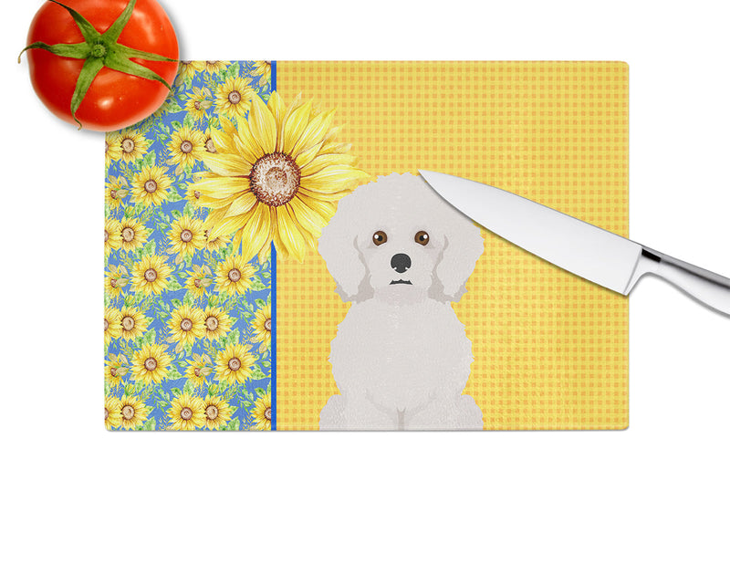 Summer Sunflowers Bichon Frise Glass Cutting Boards – Durable, Decorative Kitchen Art Large