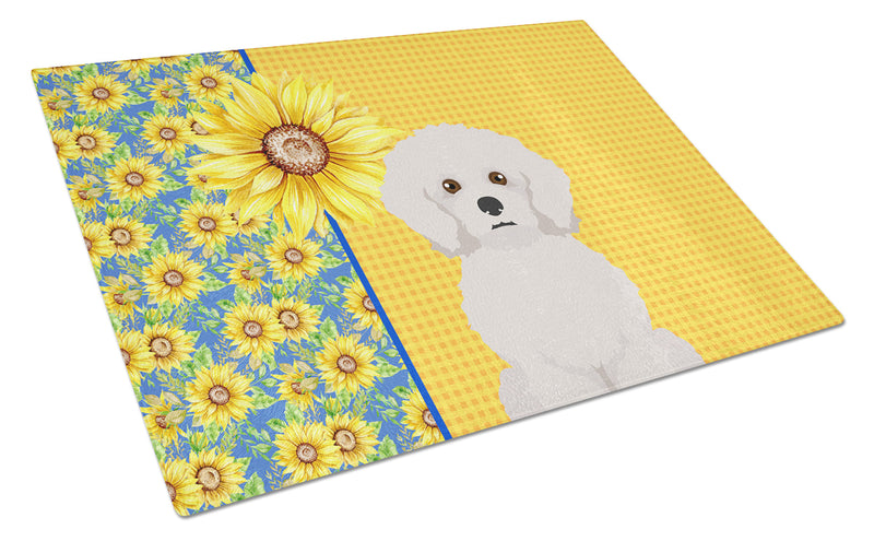 Summer Sunflowers Bichon Frise Glass Cutting Boards – Durable, Decorative Kitchen Art Large