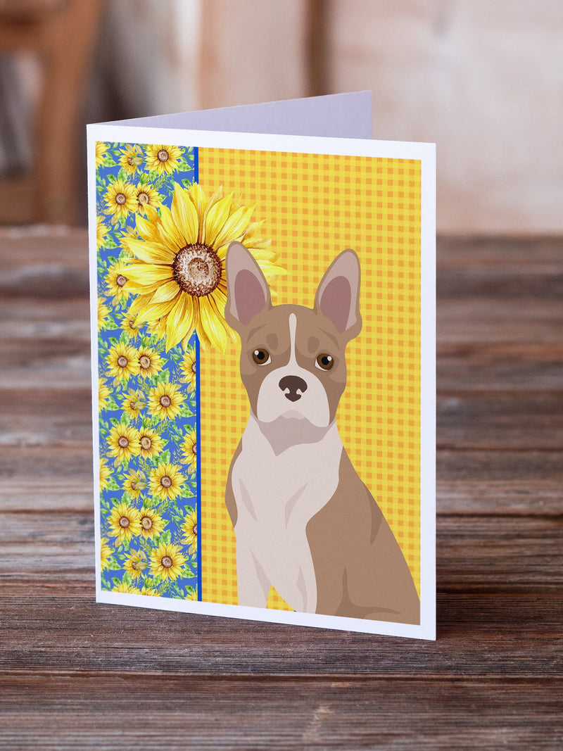 Summer Sunflowers Fawn Boston Terrier Greeting Cards and Envelopes Pack of 8