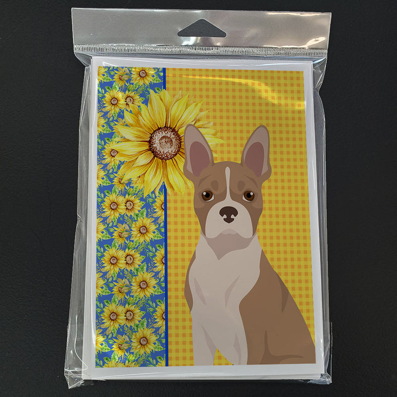 Summer Sunflowers Fawn Boston Terrier Greeting Cards and Envelopes Pack of 8