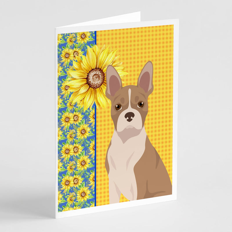 Summer Sunflowers Fawn Boston Terrier Greeting Cards and Envelopes Pack of 8