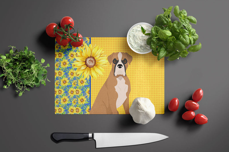 Summer Sunflowers Natural Eared Fawn Boxer Glass Cutting Boards – Durable, Decorative Kitchen Art Large