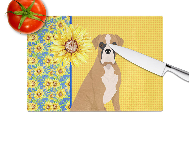 Summer Sunflowers Natural Eared Fawn Boxer Glass Cutting Boards – Durable, Decorative Kitchen Art Large