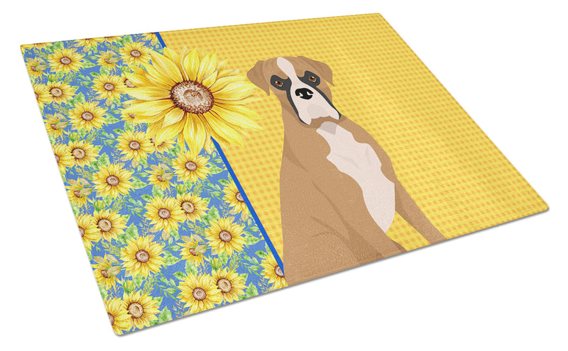 Summer Sunflowers Natural Eared Fawn Boxer Glass Cutting Boards – Durable, Decorative Kitchen Art Large