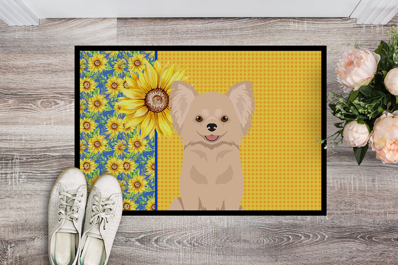 Summer Sunflowers Longhaired Cream Chihuahua Doormat - 24x36 Decorative Floor Mat – Indoor/Outdoor Rug with Artistic Flair