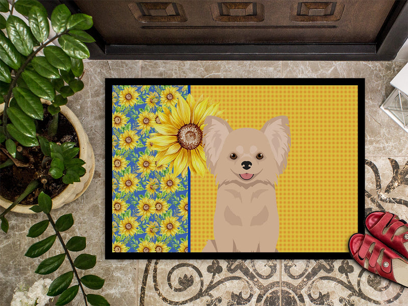 Summer Sunflowers Longhaired Cream Chihuahua Doormat - 24x36 Decorative Floor Mat – Indoor/Outdoor Rug with Artistic Flair