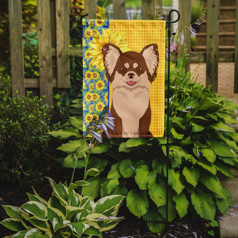 Summer Sunflowers Longhaired Chocolate and White Chihuahua Garden Flag – Decorative Outdoor Yard Flag