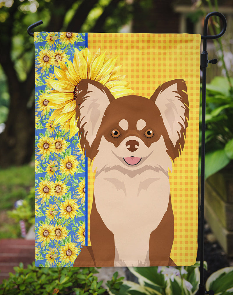 Summer Sunflowers Longhaired Chocolate and White Chihuahua Garden Flag – Decorative Outdoor Yard Flag
