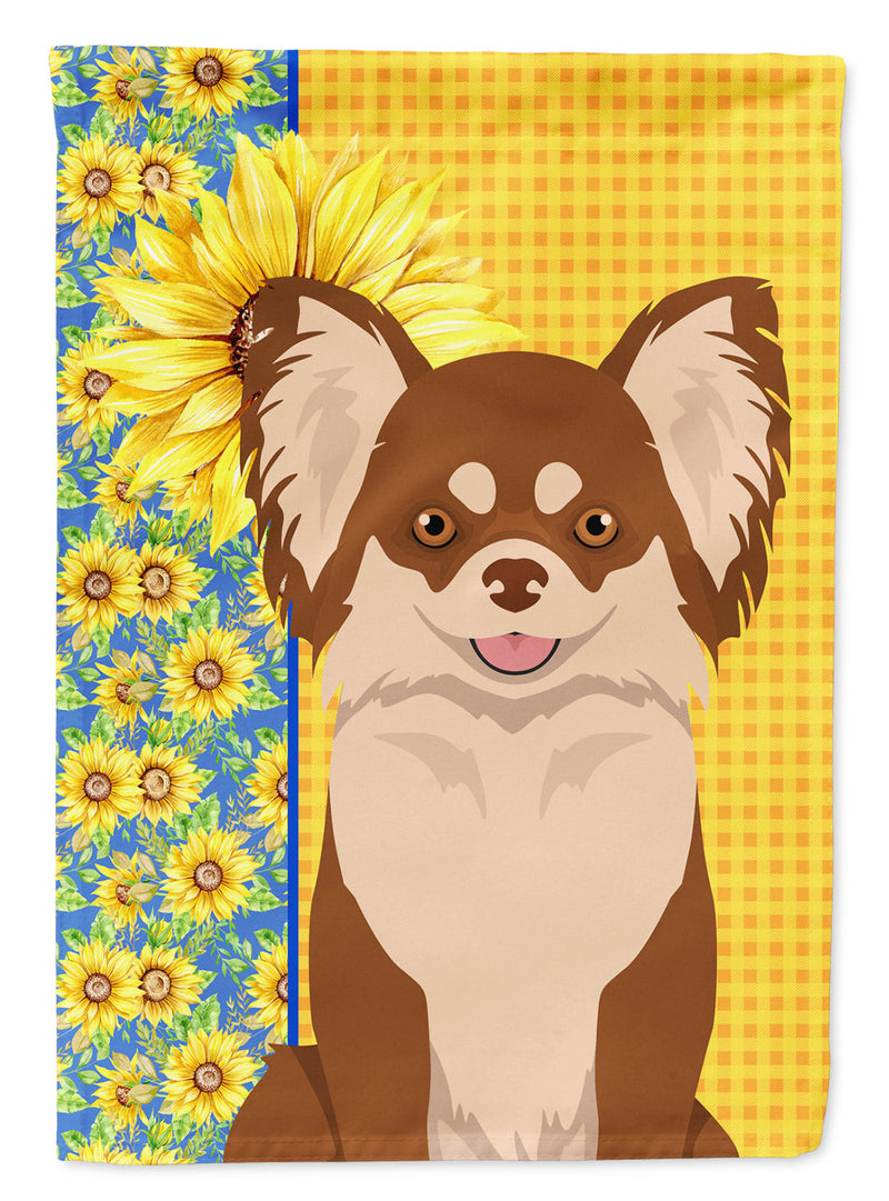 Summer Sunflowers Longhaired Chocolate and White Chihuahua Garden Flag – Decorative Outdoor Yard Flag