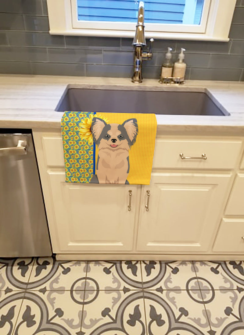 Summer Sunflowers Longhaired Blue and White Chihuahua Kitchen Towel