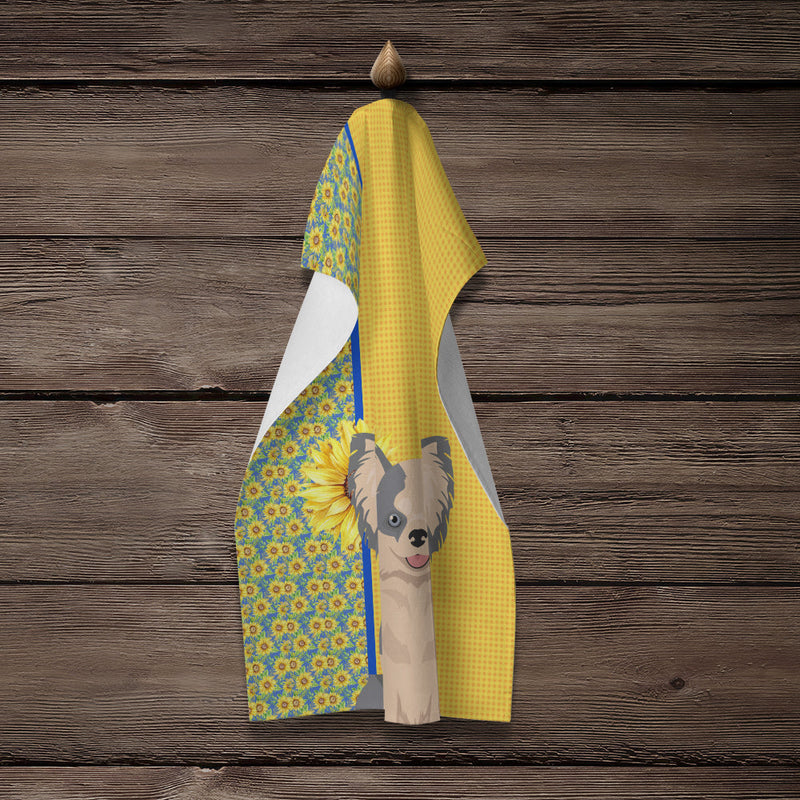 Summer Sunflowers Longhaired Blue and White Chihuahua Kitchen Towel