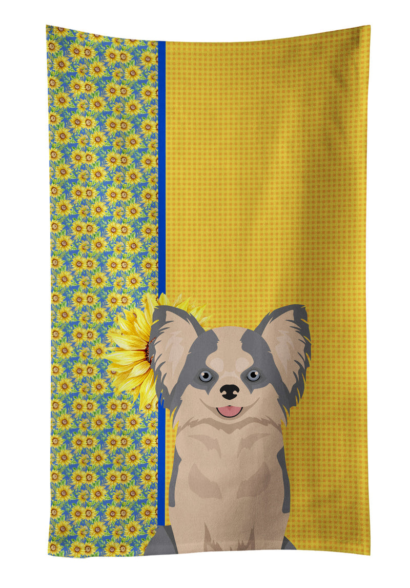 Summer Sunflowers Longhaired Blue and White Chihuahua Kitchen Towel