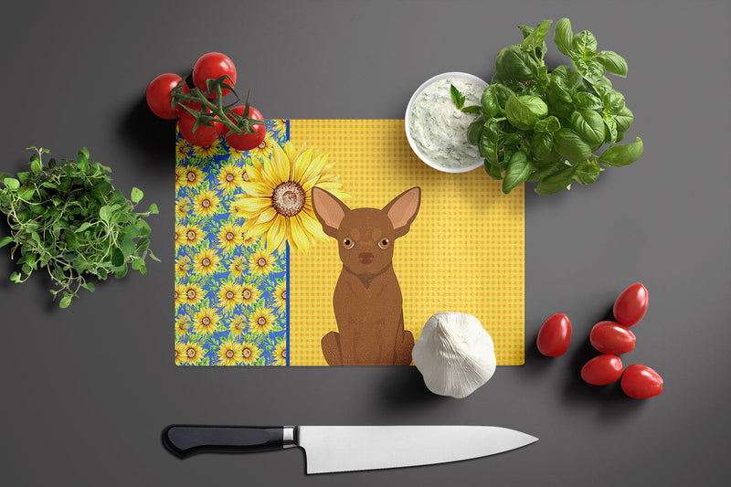 Summer Sunflowers Chocolate Chihuahua Glass Cutting Boards – Durable, Decorative Kitchen Art Large