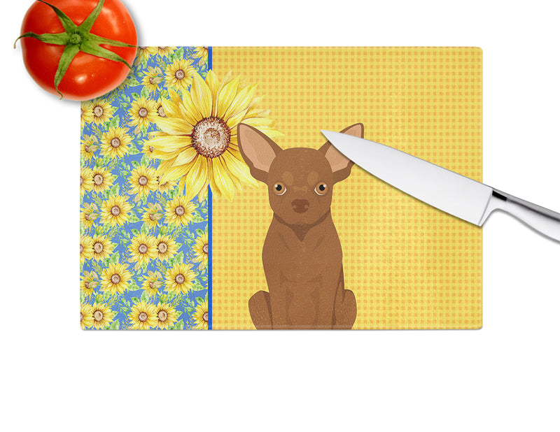 Summer Sunflowers Chocolate Chihuahua Glass Cutting Boards – Durable, Decorative Kitchen Art Large