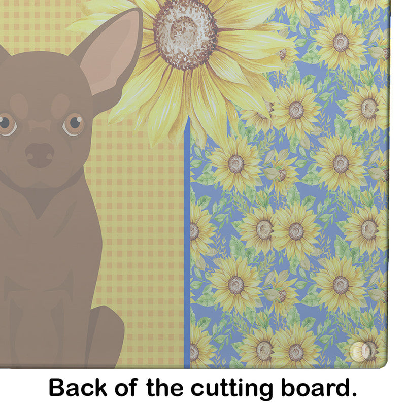 Summer Sunflowers Chocolate Chihuahua Glass Cutting Boards – Durable, Decorative Kitchen Art Large