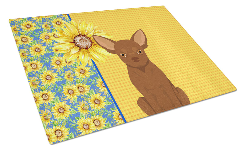 Summer Sunflowers Chocolate Chihuahua Glass Cutting Boards – Durable, Decorative Kitchen Art Large