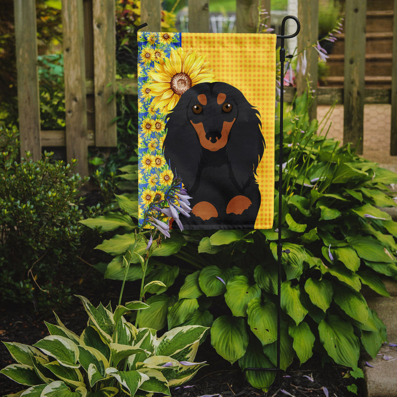 Summer Sunflowers Longhair Black and Tan Dachshund Flag Garden Size