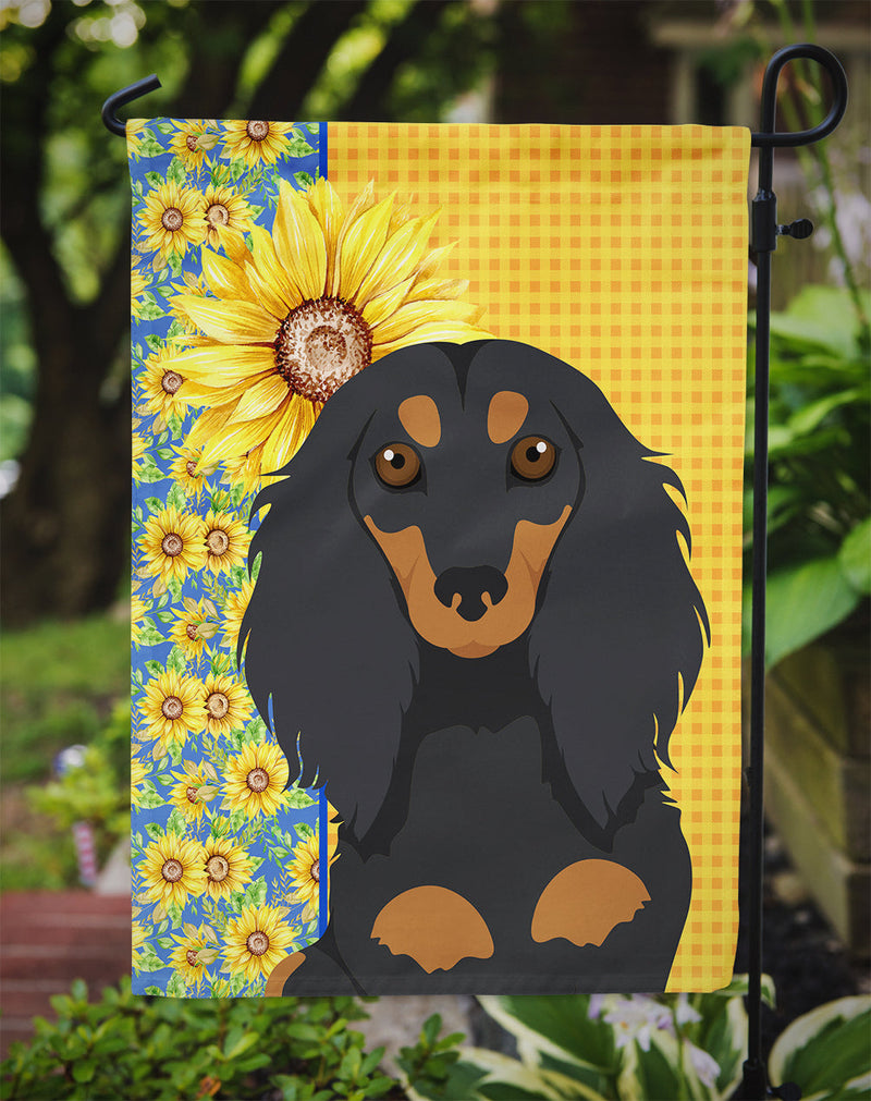 Summer Sunflowers Longhair Black and Tan Dachshund Flag Garden Size