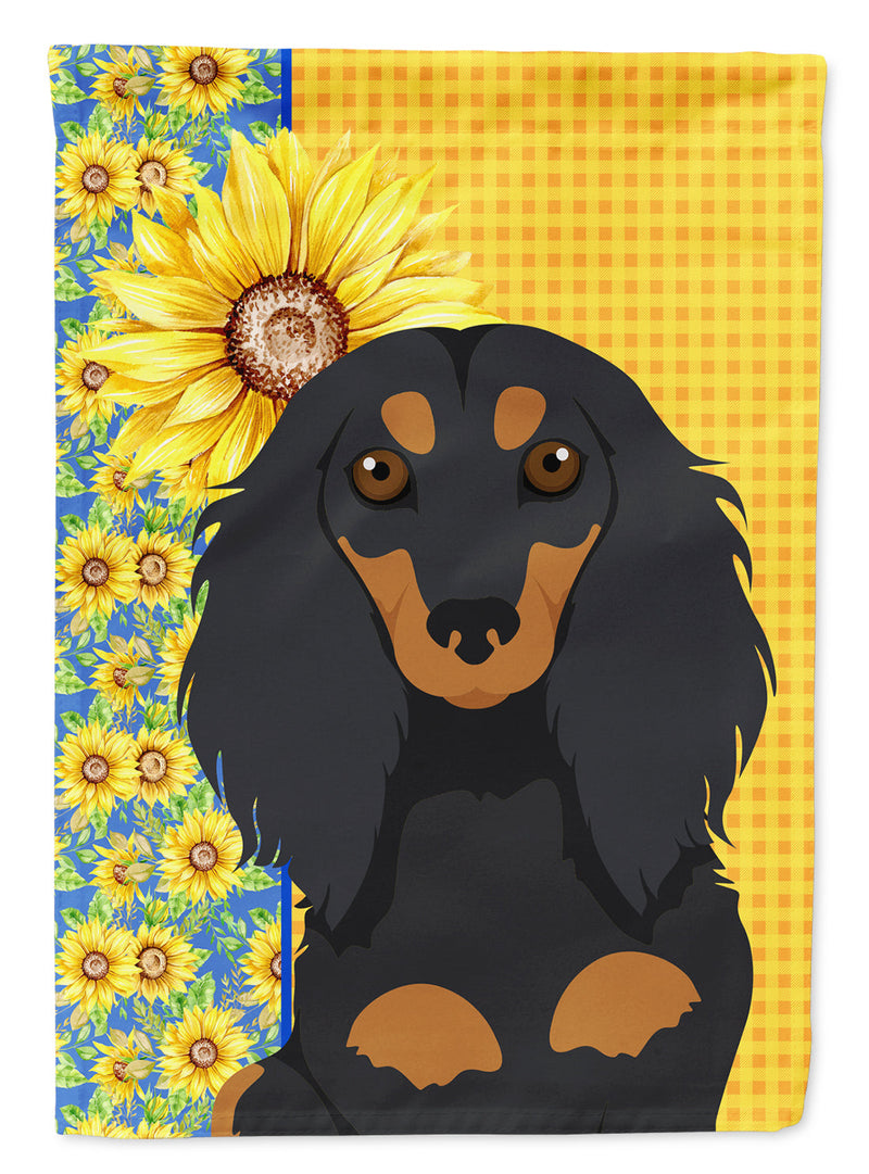 Summer Sunflowers Longhair Black and Tan Dachshund Flag Garden Size