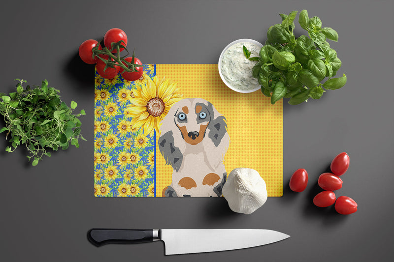 Summer Sunflowers Longhair Cream Dapple Dachshund Glass Cutting Boards – Durable, Decorative Kitchen Art Large