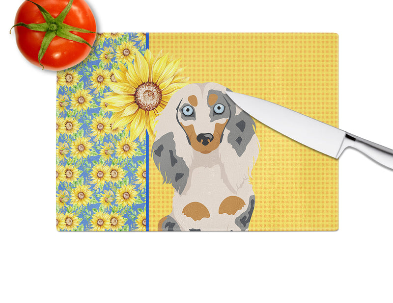 Summer Sunflowers Longhair Cream Dapple Dachshund Glass Cutting Boards – Durable, Decorative Kitchen Art Large