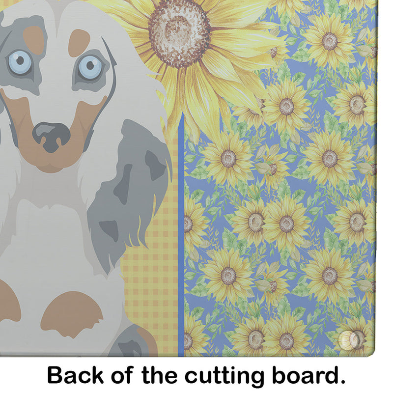 Summer Sunflowers Longhair Cream Dapple Dachshund Glass Cutting Boards – Durable, Decorative Kitchen Art Large
