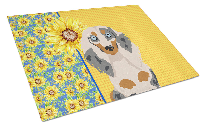 Summer Sunflowers Longhair Cream Dapple Dachshund Glass Cutting Boards – Durable, Decorative Kitchen Art Large