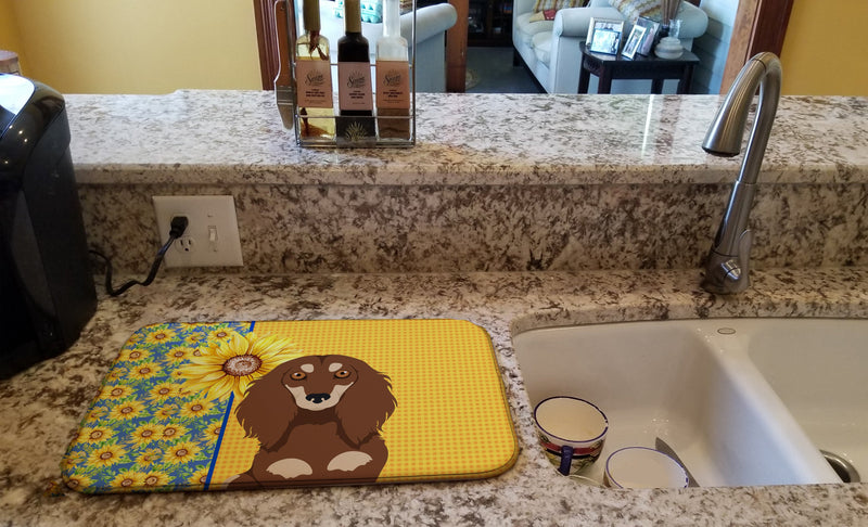 Summer Sunflowers Longhair Chocolate and Cream Dachshund Dish Drying Mat – Absorbent, Artistic Kitchen Essentials