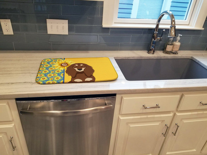 Summer Sunflowers Longhair Chocolate and Cream Dachshund Dish Drying Mat – Absorbent, Artistic Kitchen Essentials
