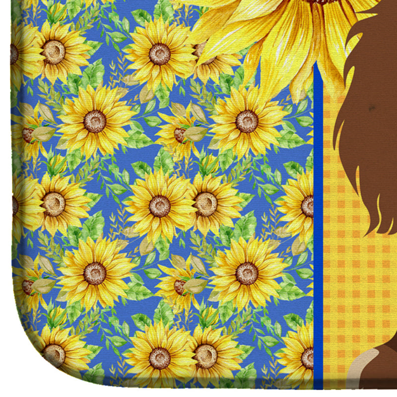 Summer Sunflowers Longhair Chocolate and Cream Dachshund Dish Drying Mat – Absorbent, Artistic Kitchen Essentials