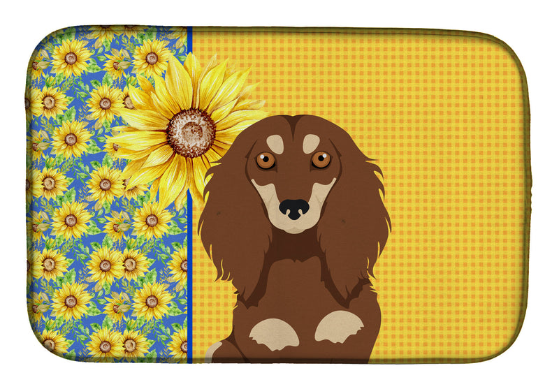 Summer Sunflowers Longhair Chocolate and Cream Dachshund Dish Drying Mat – Absorbent, Artistic Kitchen Essentials