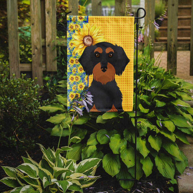 Summer Sunflowers Wirehair Black and Tan Dachshund Garden Flag – Decorative Outdoor Yard Flag