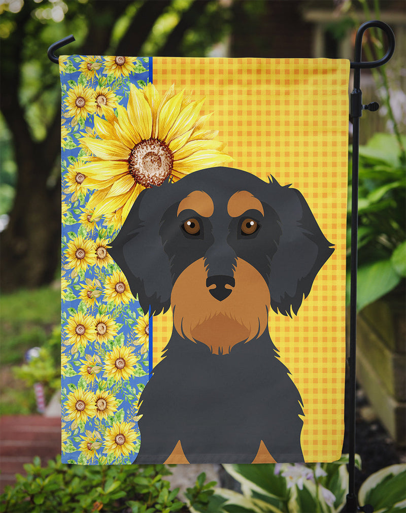 Summer Sunflowers Wirehair Black and Tan Dachshund Garden Flag – Decorative Outdoor Yard Flag