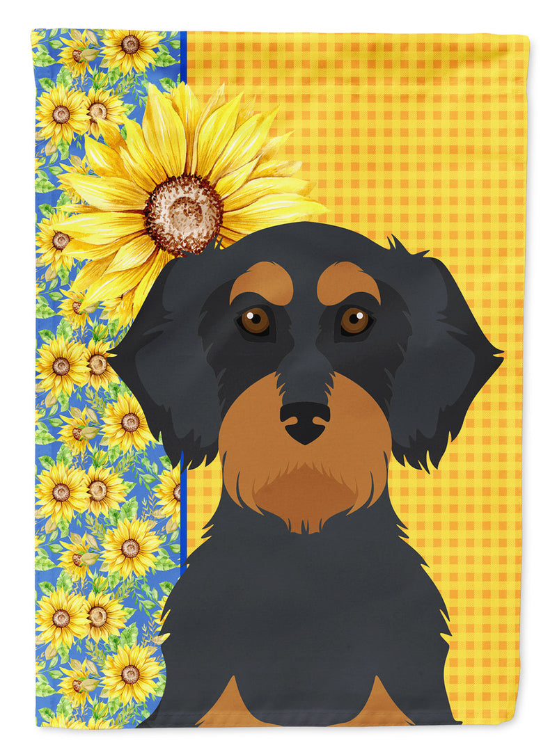 Summer Sunflowers Wirehair Black and Tan Dachshund Garden Flag – Decorative Outdoor Yard Flag