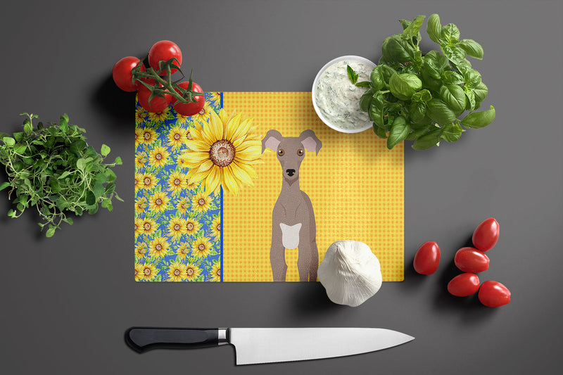 Summer Sunflowers Fawn Italian Greyhound Glass Cutting Boards – Durable, Decorative Kitchen Art Large
