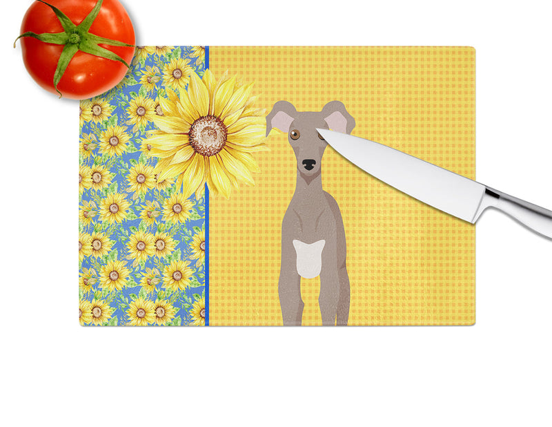 Summer Sunflowers Fawn Italian Greyhound Glass Cutting Boards – Durable, Decorative Kitchen Art Large