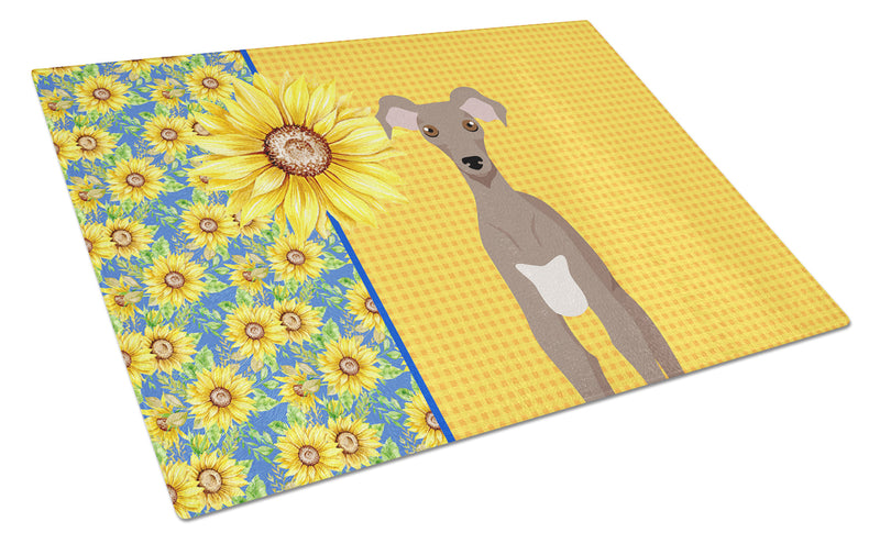 Summer Sunflowers Fawn Italian Greyhound Glass Cutting Boards – Durable, Decorative Kitchen Art Large
